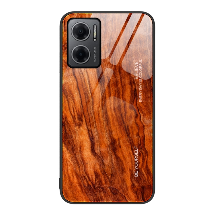 

For Xiaomi Redmi Note 11E Wood Grain Glass Protective Case(Light Brown)
