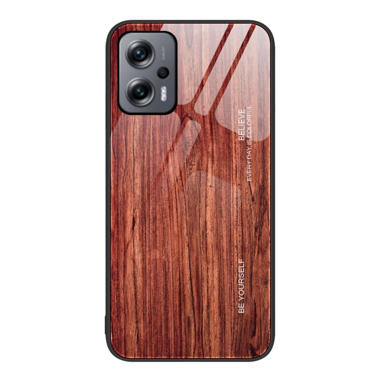 

For Xiaomi Redmi Note 11T Pro Wood Grain Glass Protective Case(Coffee)