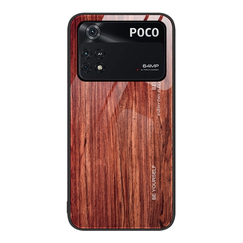 

For Xiaomi Poco M4 Pro 4G Wood Grain Glass Protective Case(Coffee)