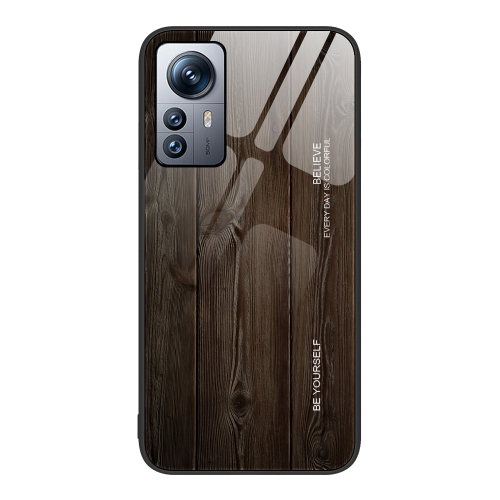 

For Xiaomi 12 Pro Wood Grain Glass Protective Case(Black)