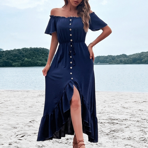 

One-shoulder Skirt Ruffle Irregular Dress, Size:S(Dark Blue)