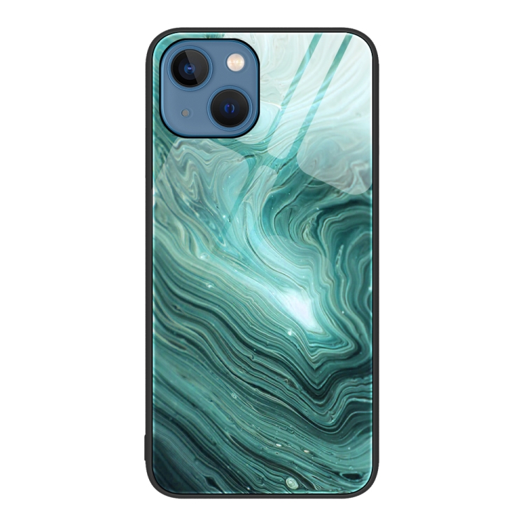 

For iPhone 13 Marble Pattern Glass Protective Phone Case(Water Waves)