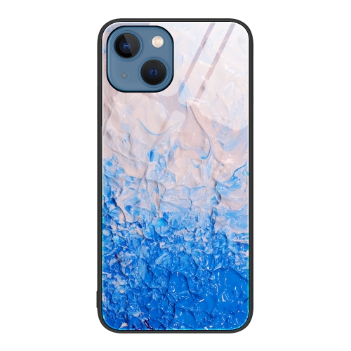 

For iPhone 14 Plus Marble Pattern Glass Protective Phone Case (Ocean Waves)