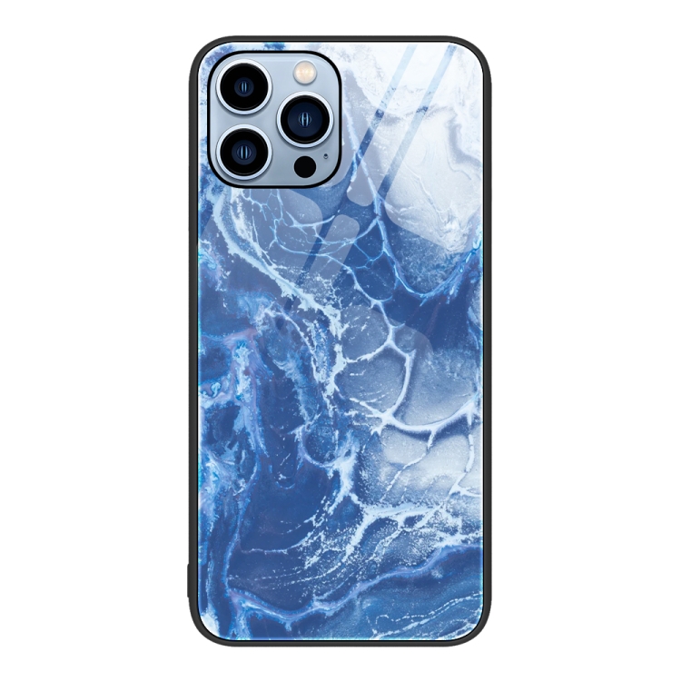 

For iPhone 14 Pro Max Marble Pattern Glass Protective Phone Case (Blue Ocean)