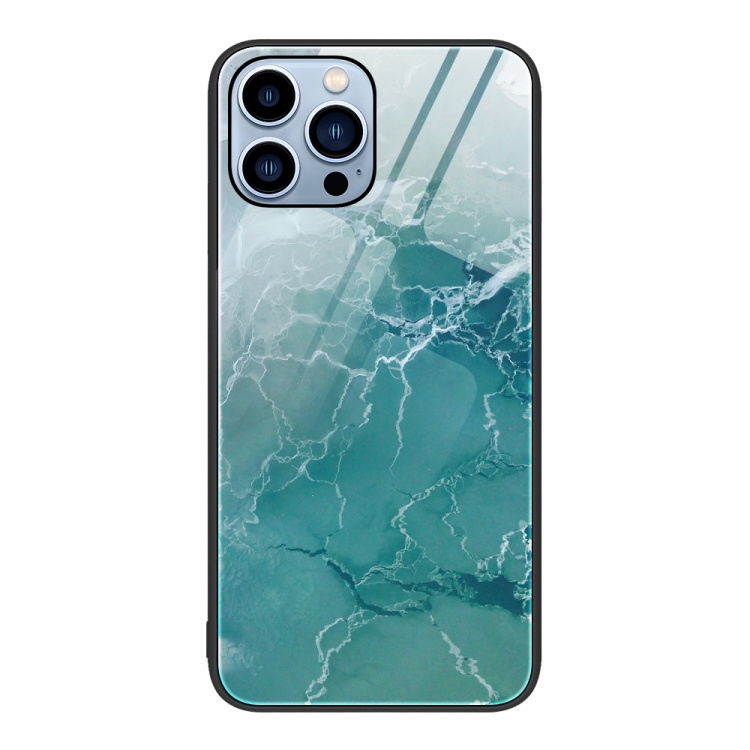 

For iPhone 14 Pro Max Marble Pattern Glass Protective Phone Case (Green Ocean)