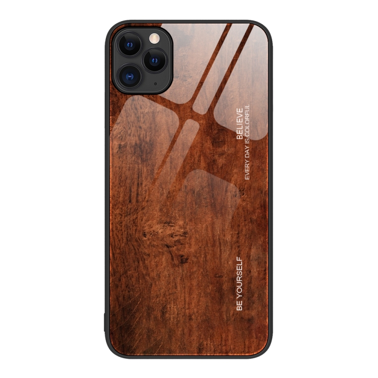 

For iPhone 11 Pro Max Wood Grain Glass Protective Case (Dark Brown)