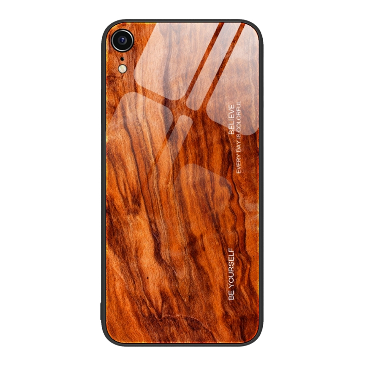 

For iPhone XR Wood Grain Glass Protective Case(Light Brown)