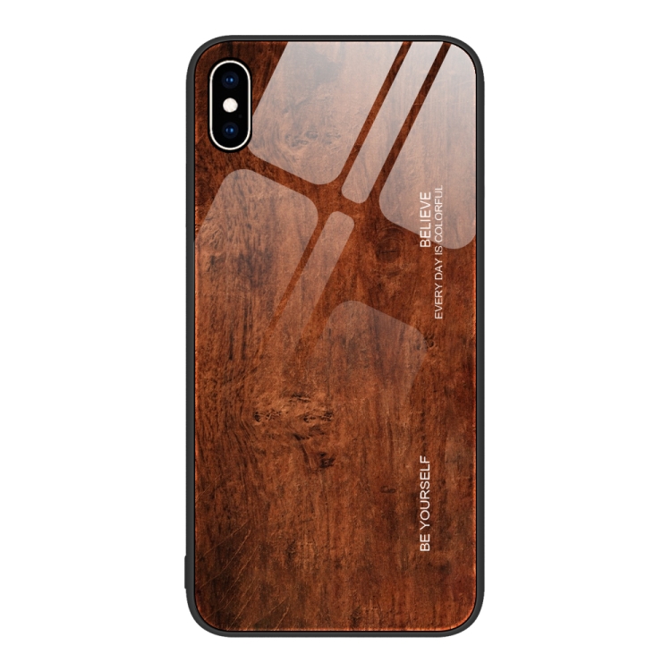 

For iPhone XS Max Wood Grain Glass Protective Case(Dark Brown)