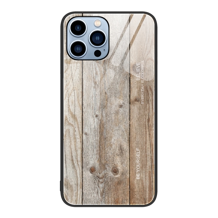 

For iPhone 14 Pro Wood Grain Glass Protective Case(Grey)