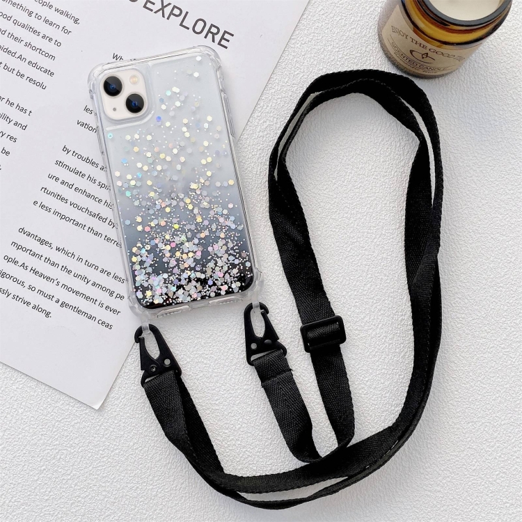 

For iPhone 14 Plus Lanyard Gradient Glitter Epoxy Case (Black)