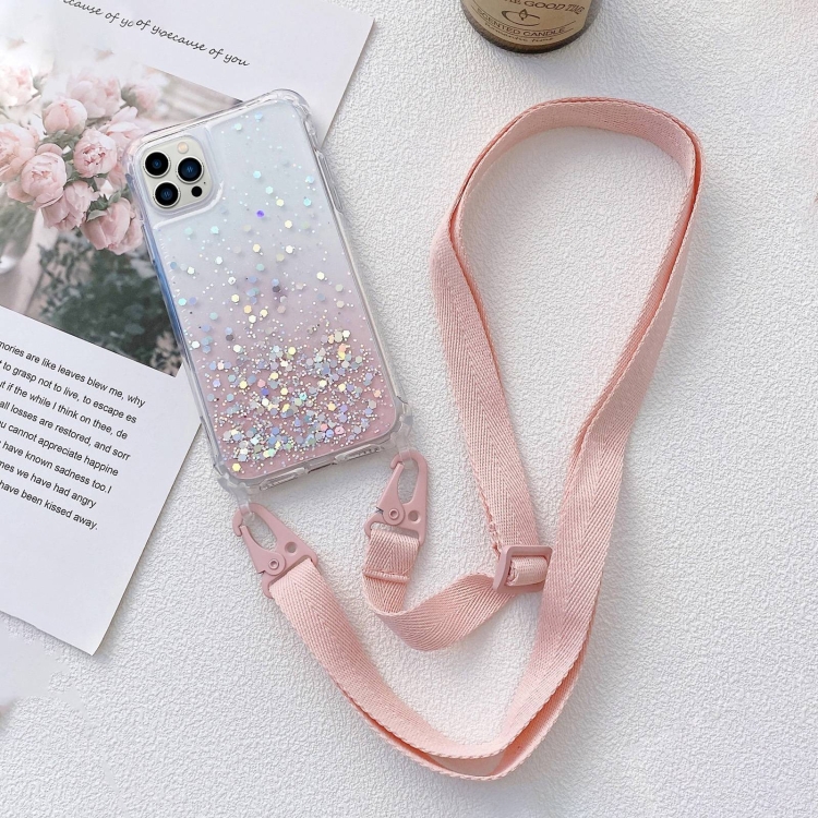 

For iPhone 14 Pro Lanyard Gradient Glitter Epoxy Case(Pink)