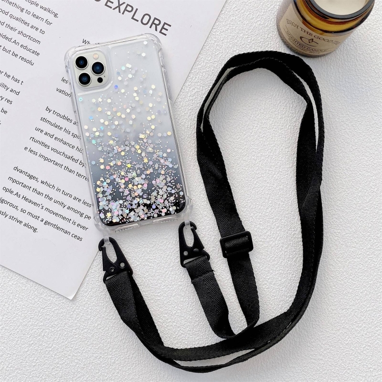 

For iPhone 14 Pro Max Lanyard Gradient Glitter Epoxy Case (Black)
