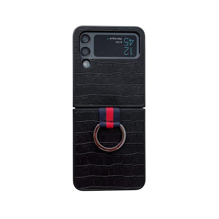 

For Samsung Galaxy Z Flip4 Crocodile Texture PU Phone Case With Ring(Black)