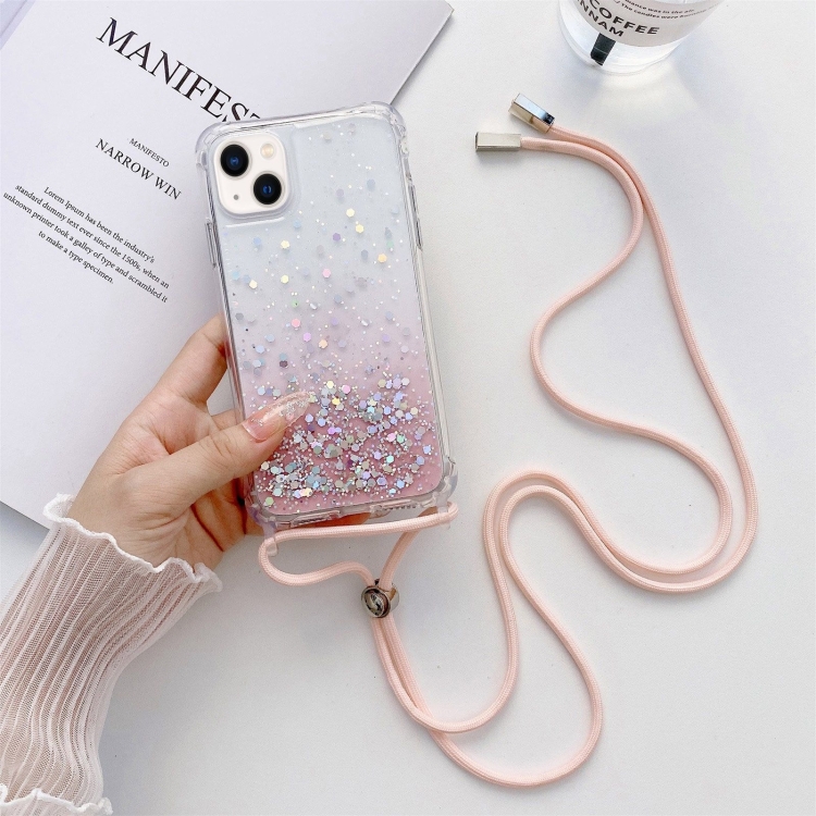 

For iPhone 14 Plus Lanyard Gradient Glitter Epoxy Case (Pink)