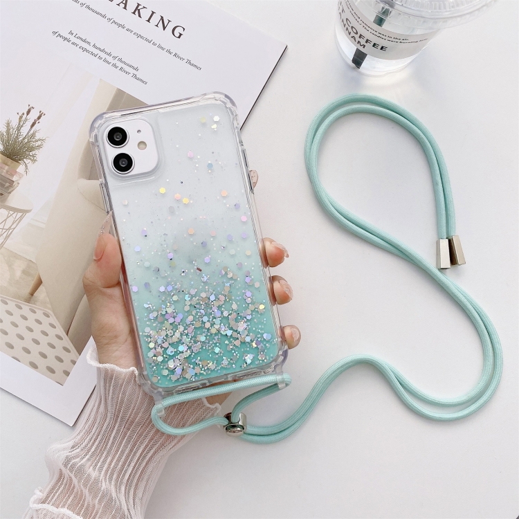 

For iPhone 14 Pro Max Lanyard Gradient Glitter Epoxy Case (Glacier Blue)