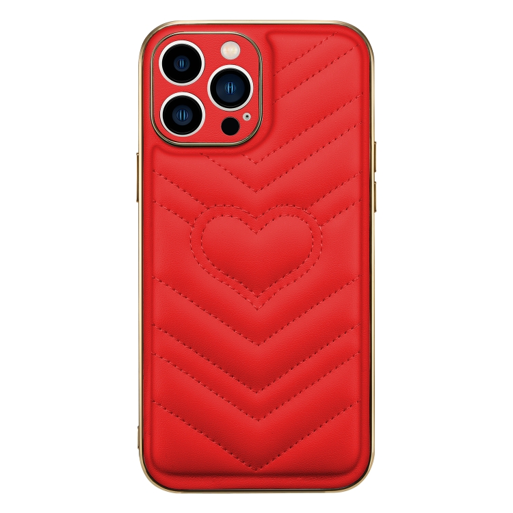 

For iPhone 13 Pro D03 Heart PU Leather Electroplated Phone Case (Red)