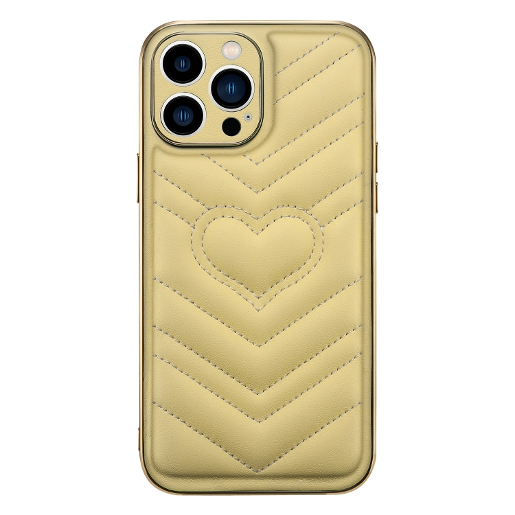 

For iPhone 13 Pro Max D03 Heart PU Leather Electroplated Phone Case (Yellow)