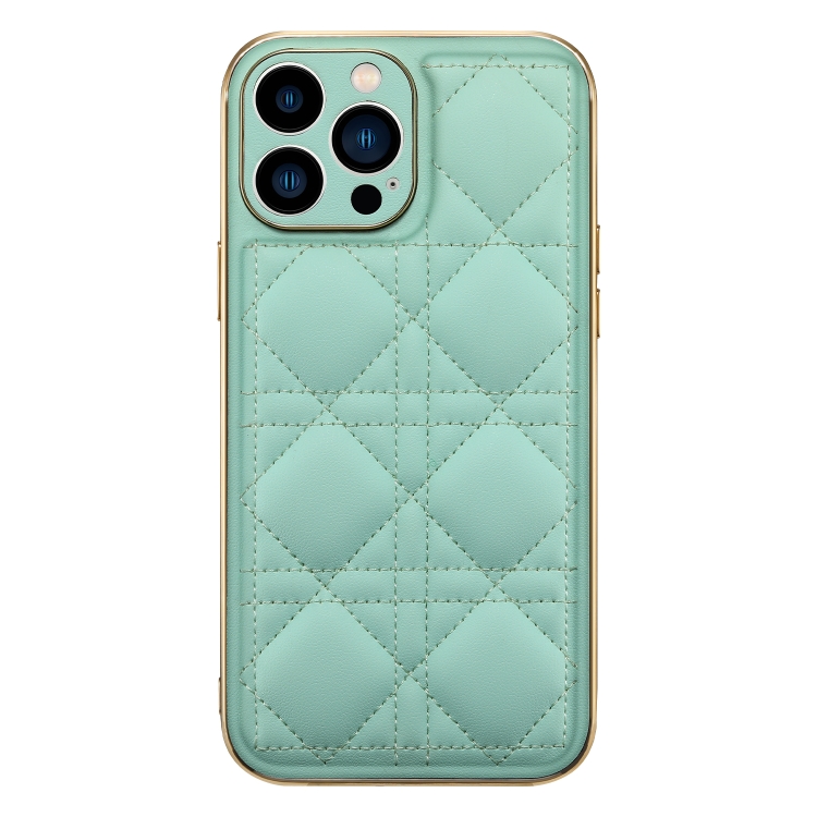 

For iPhone 13 Pro D03 Grid PU Leather Electroplated Phone Case (Light Green)
