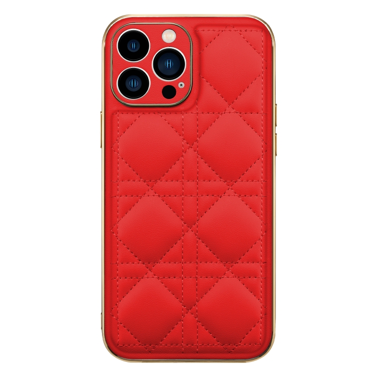 

For iPhone 13 Pro Max D03 Grid PU Leather Electroplated Phone Case (Red)