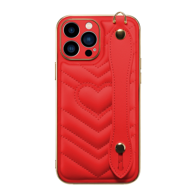 

D03 Heart PU Electroplated Phone Case with Wrist Strap For iPhone 13 Pro(Red)