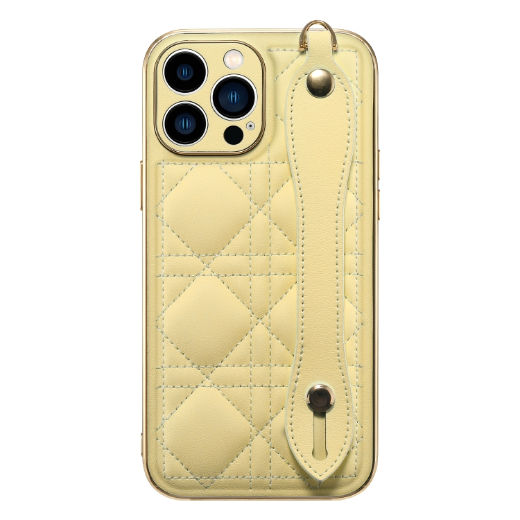 

D03 Grid PU Electroplated Phone Case with Wrist Strap For iPhone 13(Yellow)