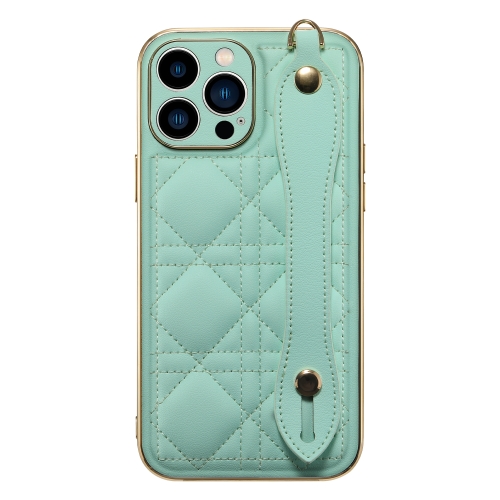 

For iPhone 13 Pro D03 Grid PU Electroplated Phone Case with Wrist Strap (Light Green)