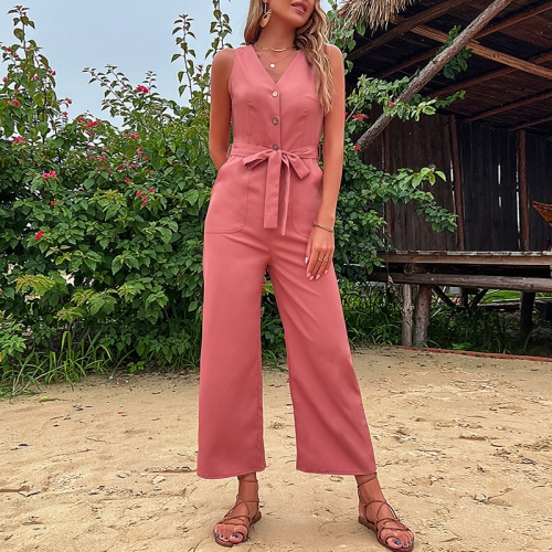 

V-neck Front Button Seaside Women Sleeveless Casual Tie Jumpsuit, Size:S(Mahogany Color)