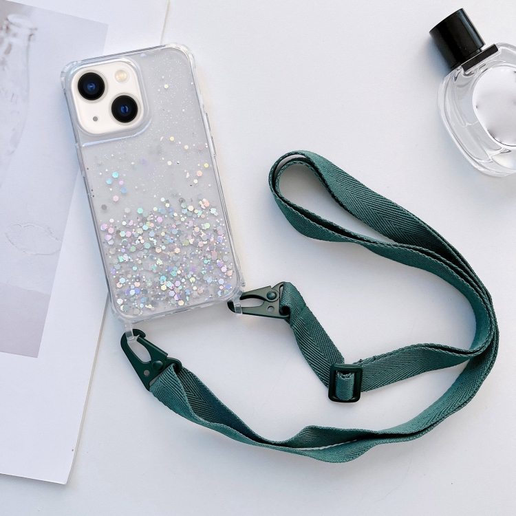 

Lanyard Glitter Epoxy Clear Phone Case For iPhone 14(Dark Green)