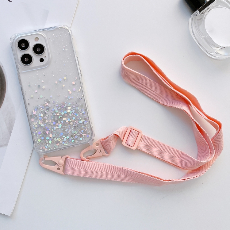

Lanyard Glitter Epoxy Clear Phone Case For iPhone 14 Pro(Pink)