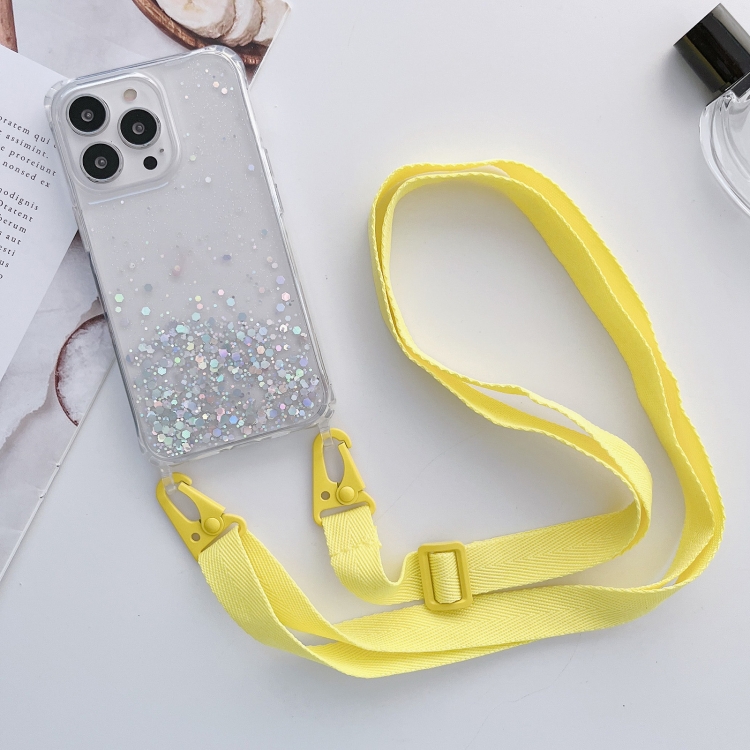 

For iPhone 14 Pro Max Lanyard Glitter Epoxy Clear Phone Case (Yellow)