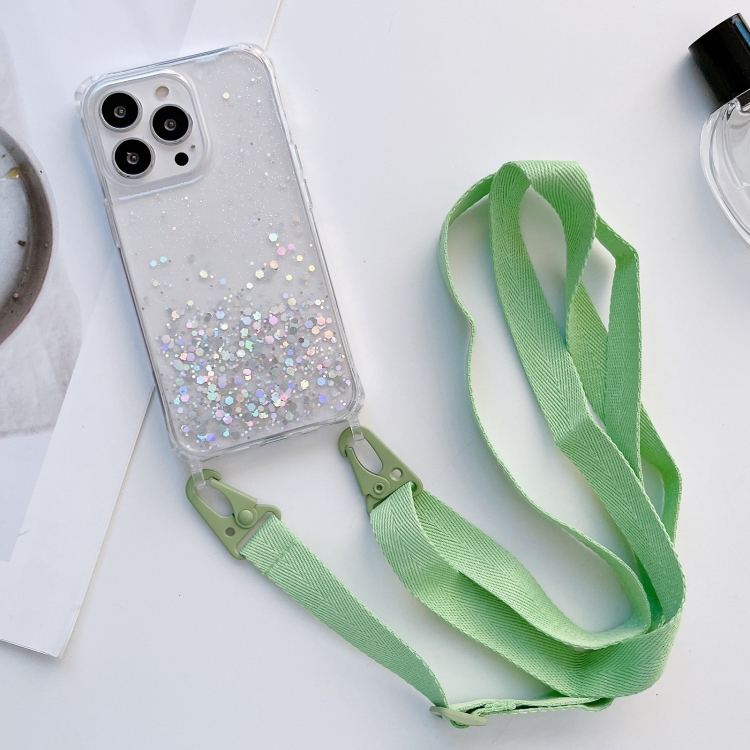 

Lanyard Glitter Epoxy Clear Phone Case For iPhone 13 mini(Green)