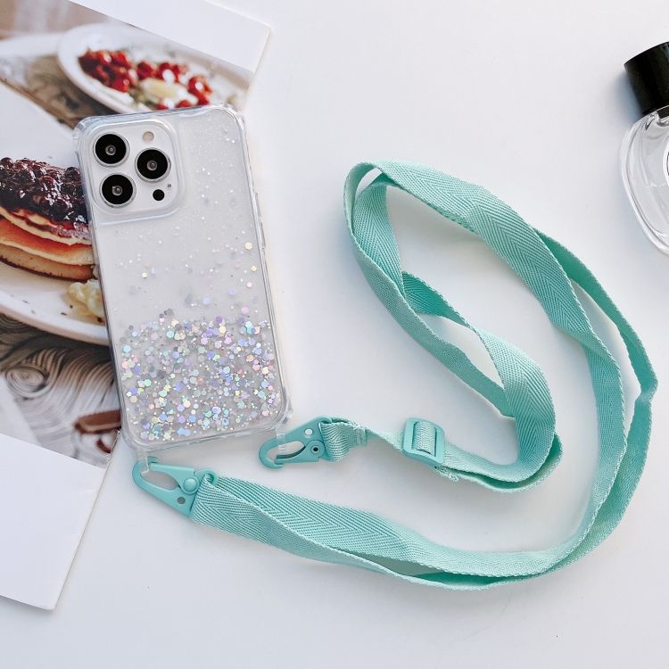 

Lanyard Glitter Epoxy Clear Phone Case For iPhone 13 Pro(Blue)