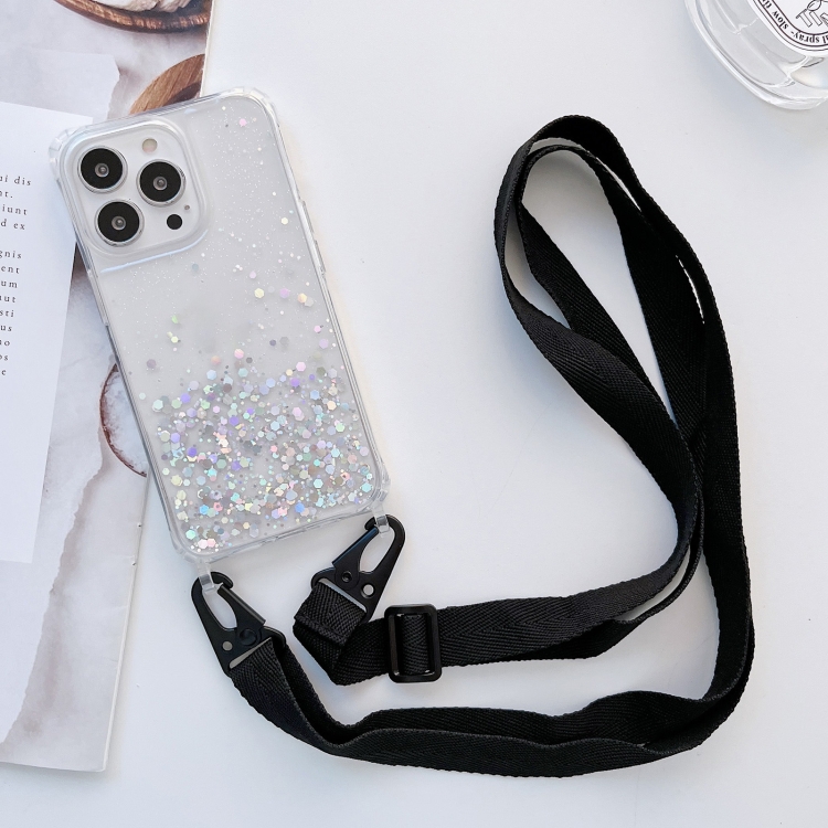 

Lanyard Glitter Epoxy Clear Phone Case For iPhone 13 Pro Max(Black)