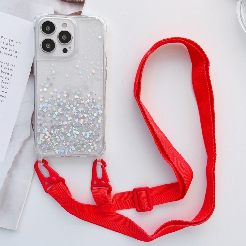 

For iPhone 11 Lanyard Glitter Epoxy Clear Phone Case (Red)