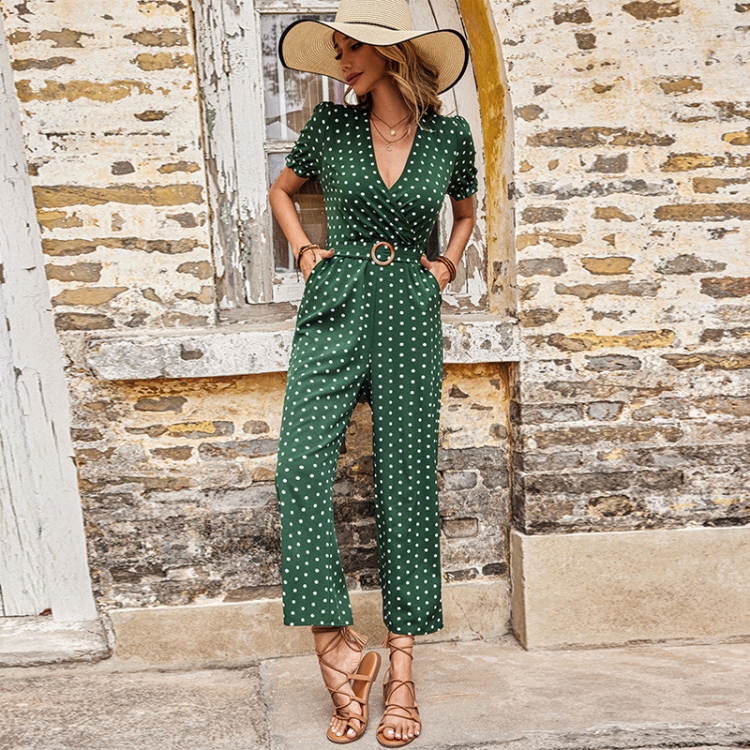 

V-neck Slim Fit Waist Straight-leg Dot Print Jumpsuit, Size:S(Green)