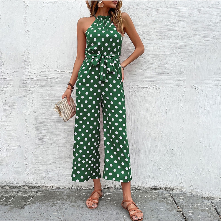 

Loose Wide Leg Casual Tie Waist Dot Print Jumpsuit, Size:S(Green)