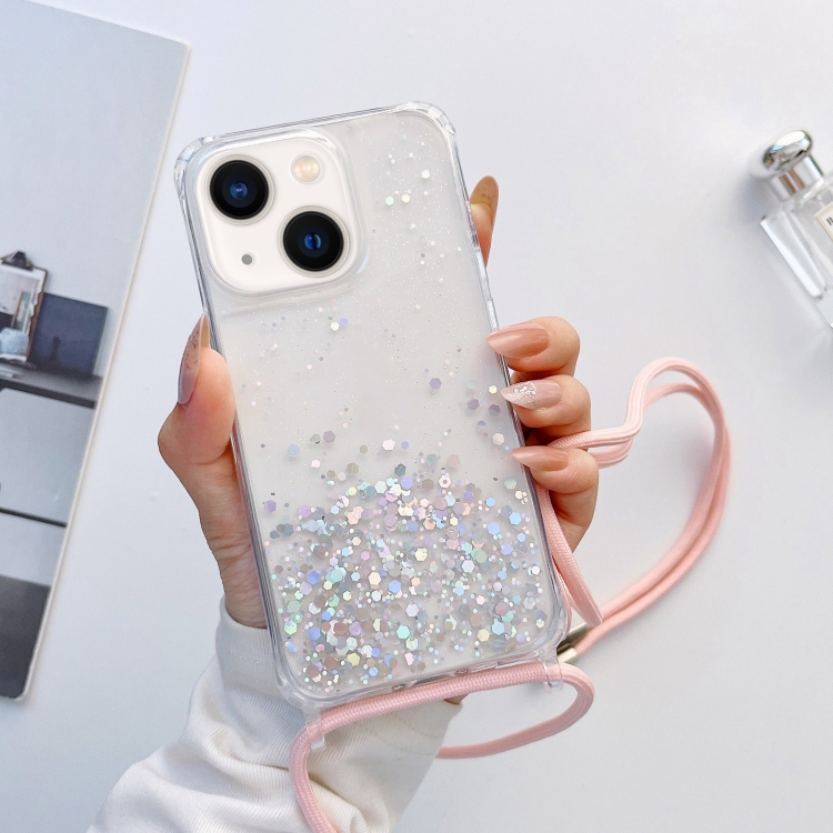 

Lanyard Glitter Epoxy Clear Phone Case For iPhone 14(Pink)