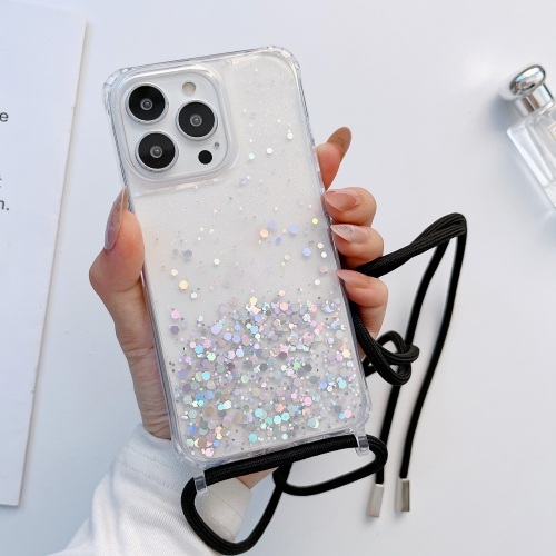 

For iPhone 14 Pro Lanyard Glitter Epoxy Clear Phone Case(Black)