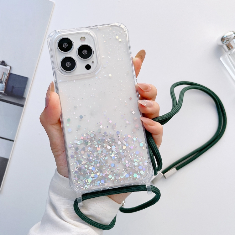 

Lanyard Glitter Epoxy Clear Phone Case For iPhone 13 mini(Dark Green)