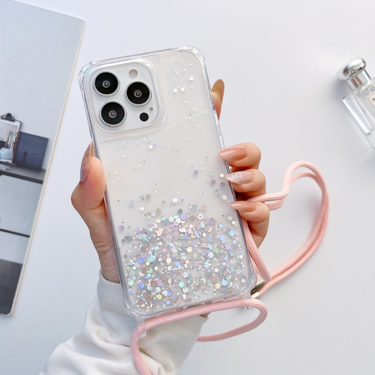 

For iPhone 13 Lanyard Glitter Epoxy Clear Phone Case(Pink)
