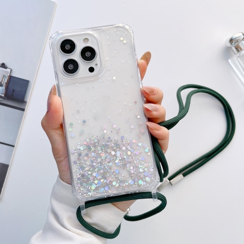 

For iPhone 13 Lanyard Glitter Epoxy Clear Phone Case(Dark Green)