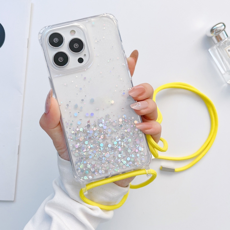 

For iPhone 12 mini Lanyard Glitter Epoxy Clear Phone Case (Yellow)