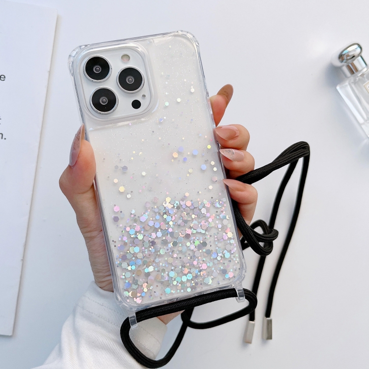 

For iPhone 12 / 12 Pro Lanyard Glitter Epoxy Clear Phone Case(Black)