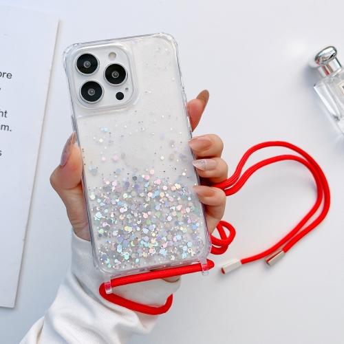 

For iPhone 12 / 12 Pro Lanyard Glitter Epoxy Clear Phone Case(Red)
