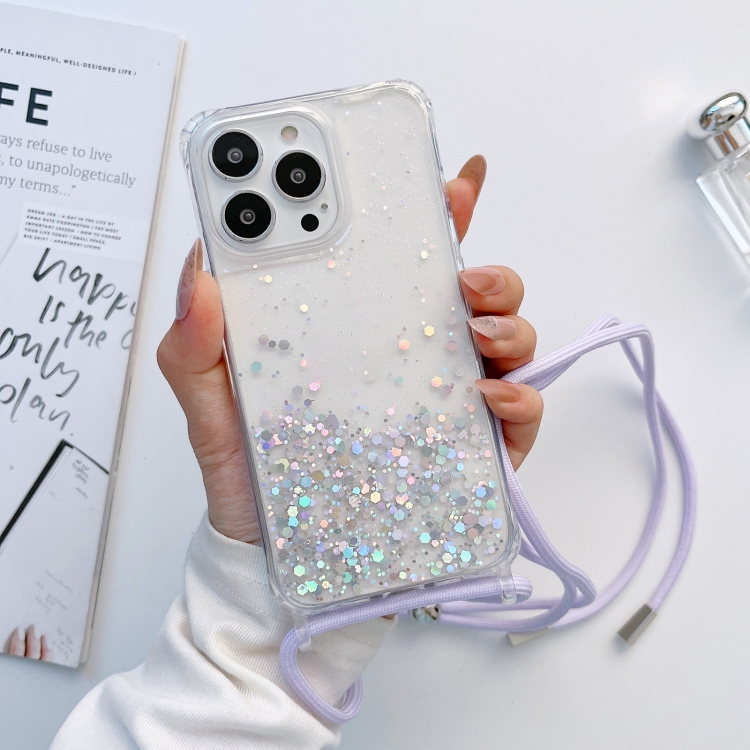

Lanyard Glitter Epoxy Clear Phone Case For iPhone 11 Pro Max(Purple)