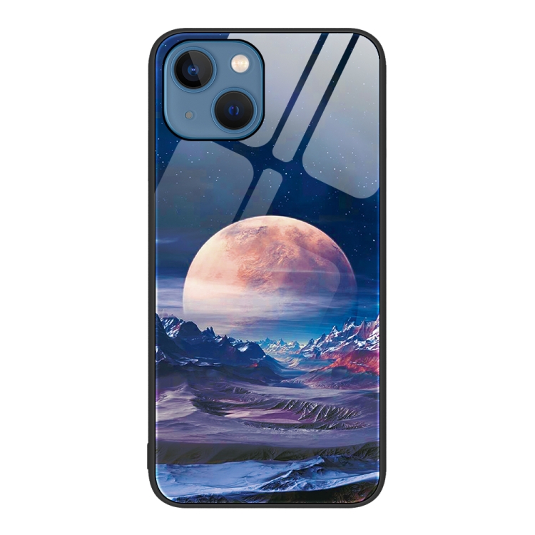 

For iPhone 14 Colorful Painted Glass Phone Case (Moon Hill)