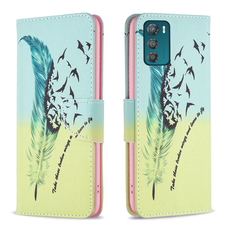 

For Motorola Moto G42 4G Colored Drawing Pattern Leather Phone Case(Feather)