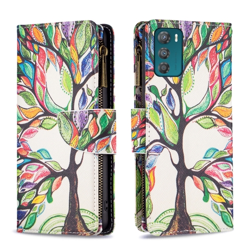 

For Motorola Moto G42 4G Colored Drawing Pattern Zipper Leather Phone Case(Big Tree)