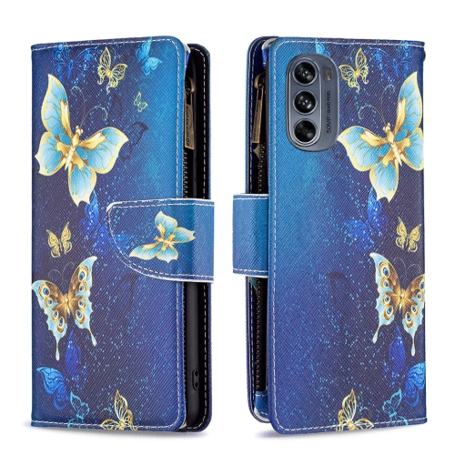 

For Motorola Moto G62 Colored Drawing Pattern Zipper Leather Phone Case(Gold Butterfly)