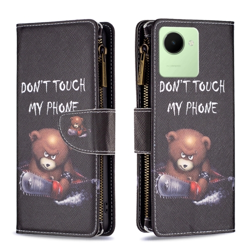 

For Realme C30 Colored Drawing Pattern Zipper Leather Phone Case(Bear)